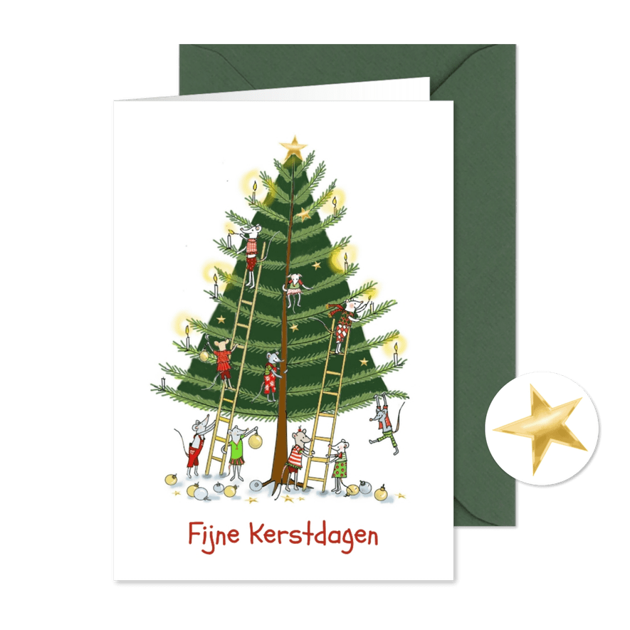 Kerstkaart de muisjes versieren de kerstboom - Kaartimpressie