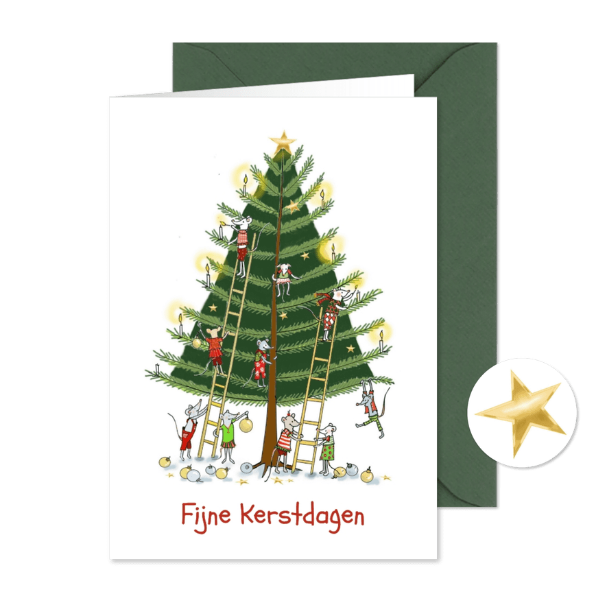 Kerstkaart de muisjes versieren de kerstboom - Kaartimpressie