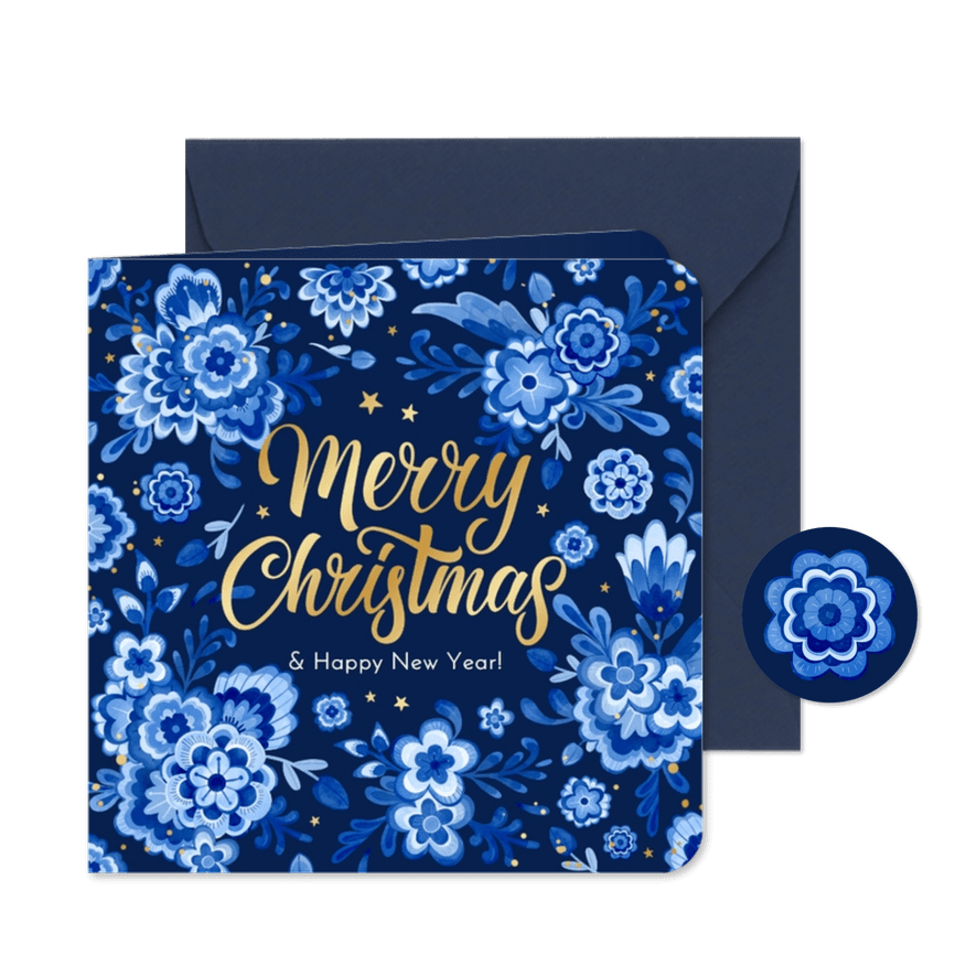 Kerstkaart delfts blauw bloemen sprankelend sterren stijlvol - Kaartimpressie