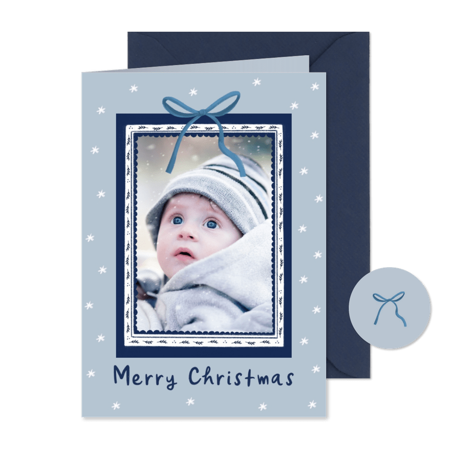 Kerstkaart Delfts blauw foto kader en strik - Kaartimpressie