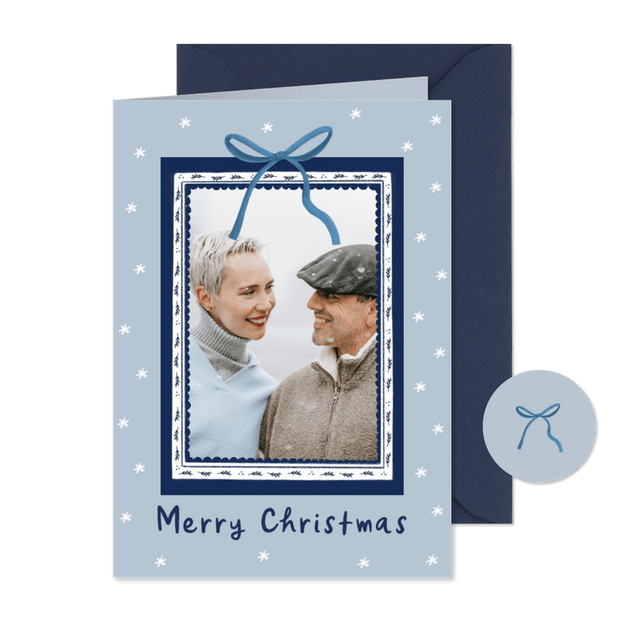 Kerstkaart Delfts blauw foto kader en strik - Kaartimpressie