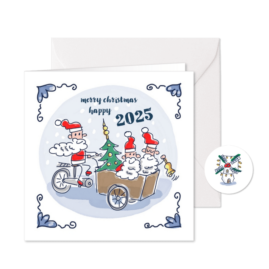 Kerstkaart Delfts blauw tegeltje met kerstmannen op bakfiets - Kaartimpressie