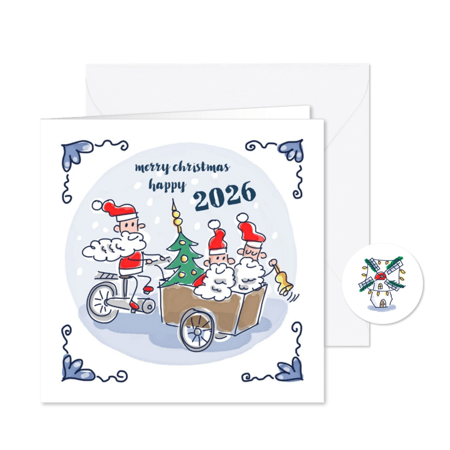 Kerstkaart Delfts blauw tegeltje met kerstmannen op bakfiets - Kaartimpressie