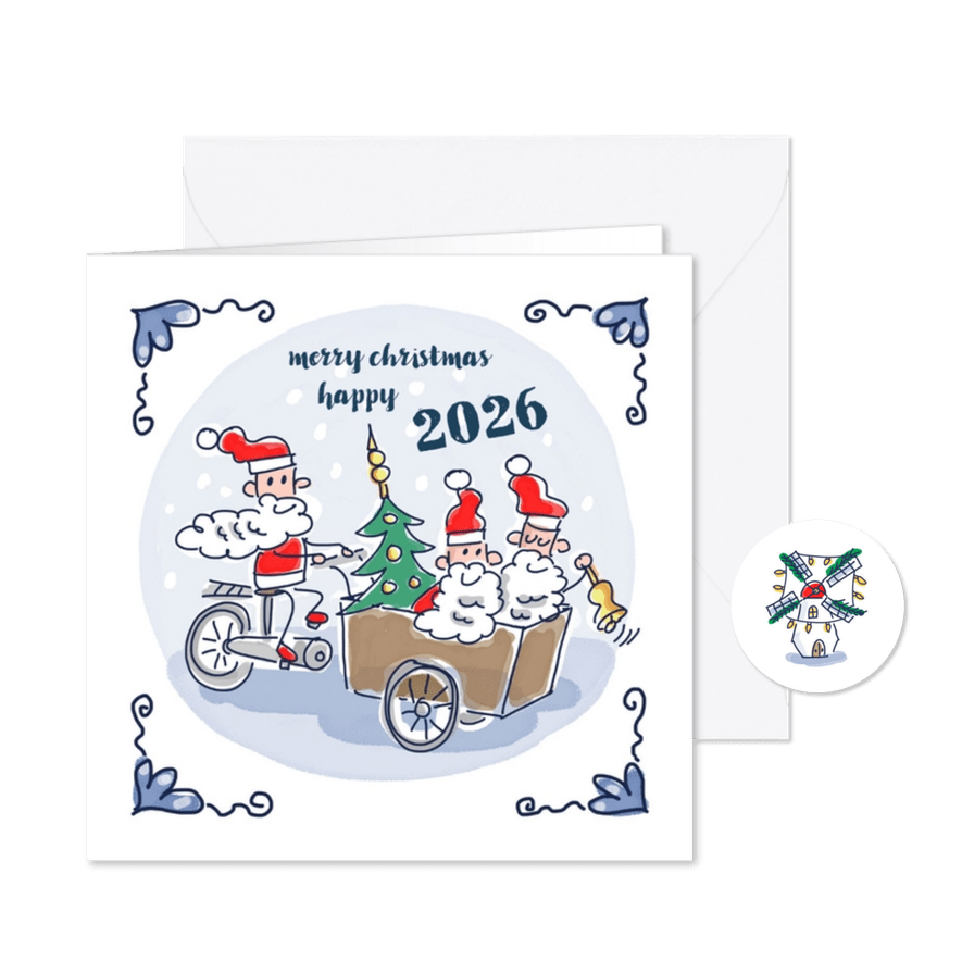 Kerstkaart Delfts blauw tegeltje met kerstmannen op bakfiets - Kaartimpressie
