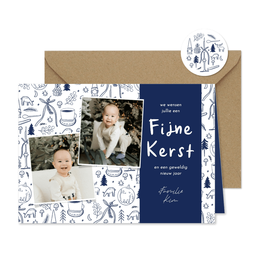 Kerstkaart Delfts blauwe tekeningen foto's fijne kerst - Kaartimpressie