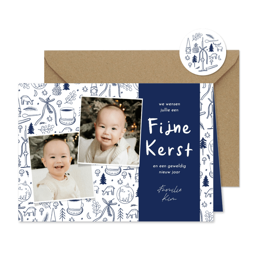 Kerstkaart Delfts blauwe tekeningen foto's fijne kerst - Kaartimpressie