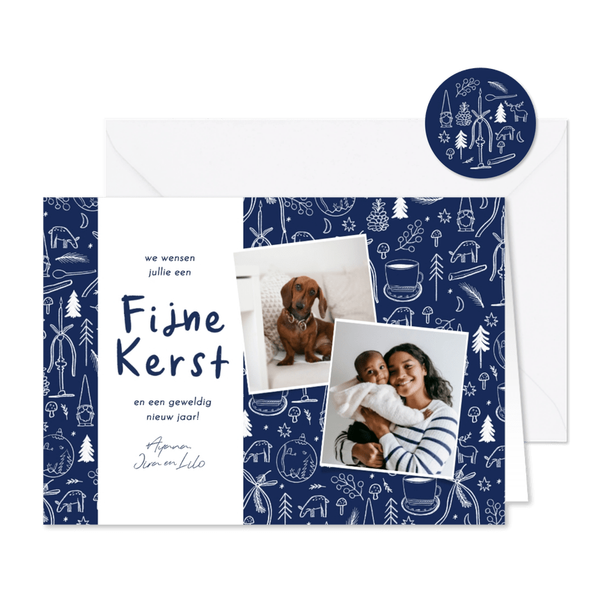 Kerstkaart delfts blauwe tekeningen met foto fijne kerst - Kaartimpressie