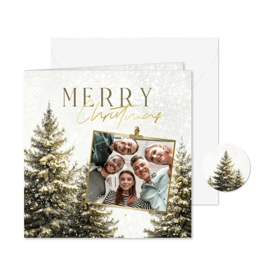 Kerstkaart dennenbomen sneeuw landschap foto goud zakelijk - Kaartimpressie
