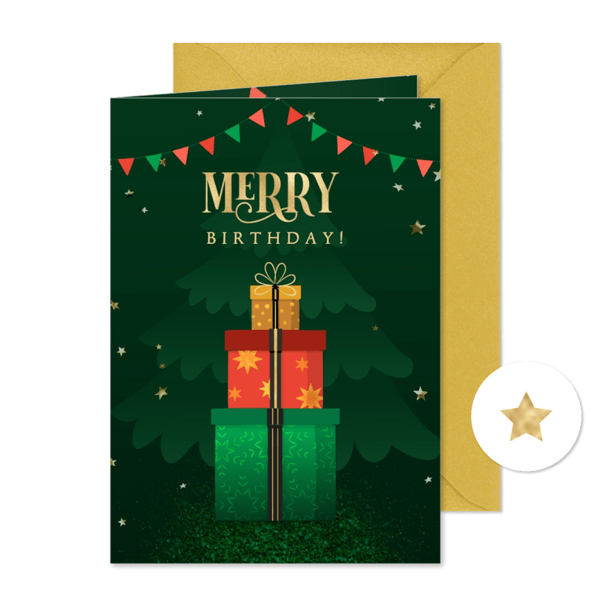 Kerstkaart dennenboom met kerstkado's en gouden sierletters - Kaartimpressie