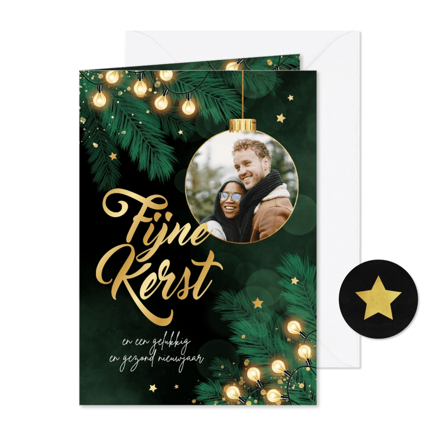 Kerstkaart dennenboom winter foto goen lampjes goud - Kaartimpressie