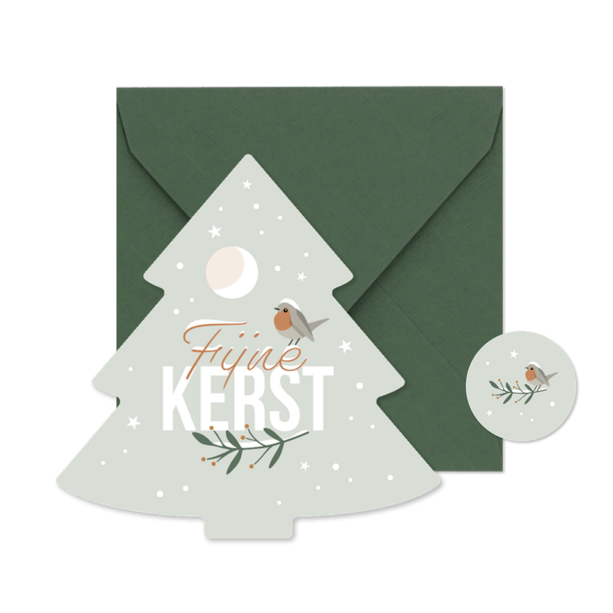 Kerstkaart dennenboompje 'Fijne Kerst' roodborstje & sneeuw - Kaartimpressie