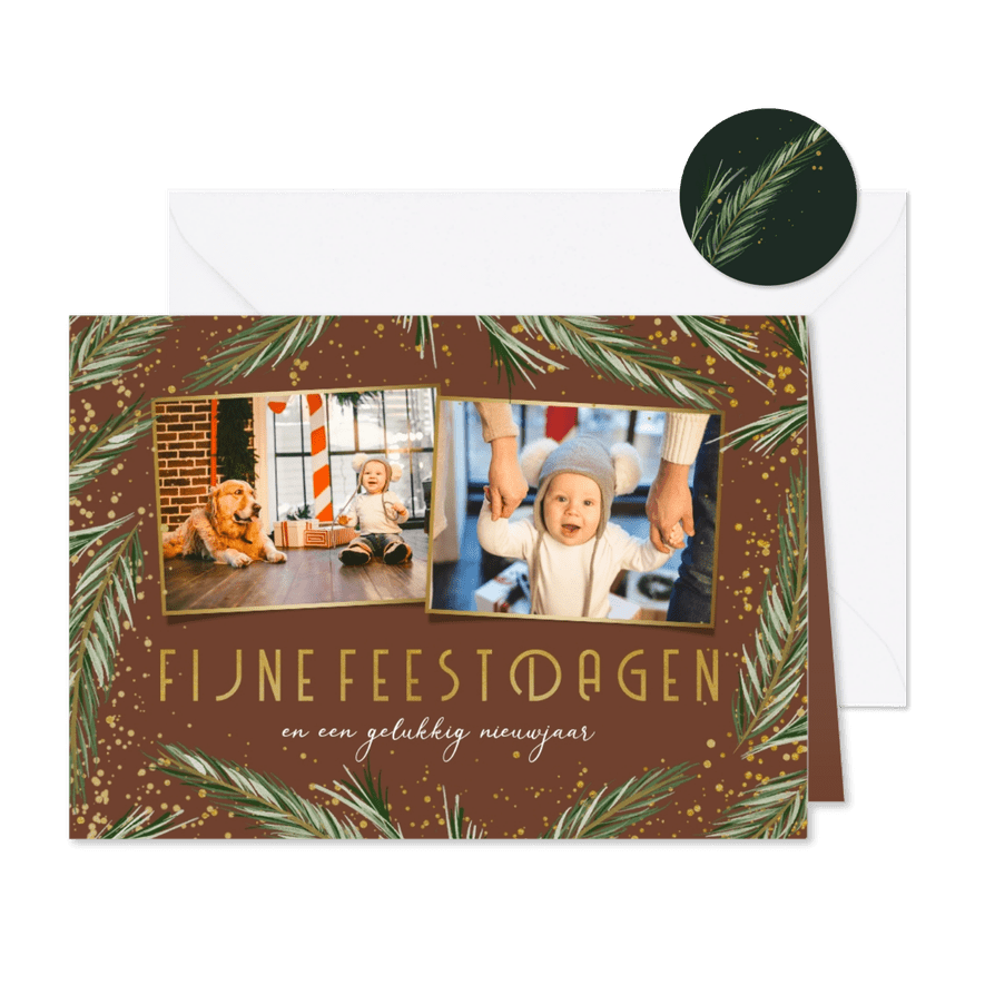 Kerstkaart dennenkader 2 foto's fijne feestdagen - Kaartimpressie