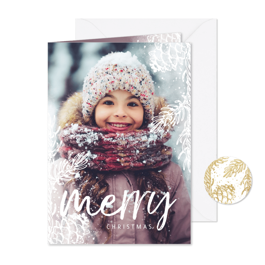 Kerstkaart dennentakje wit met foto achtergrond - Kaartimpressie