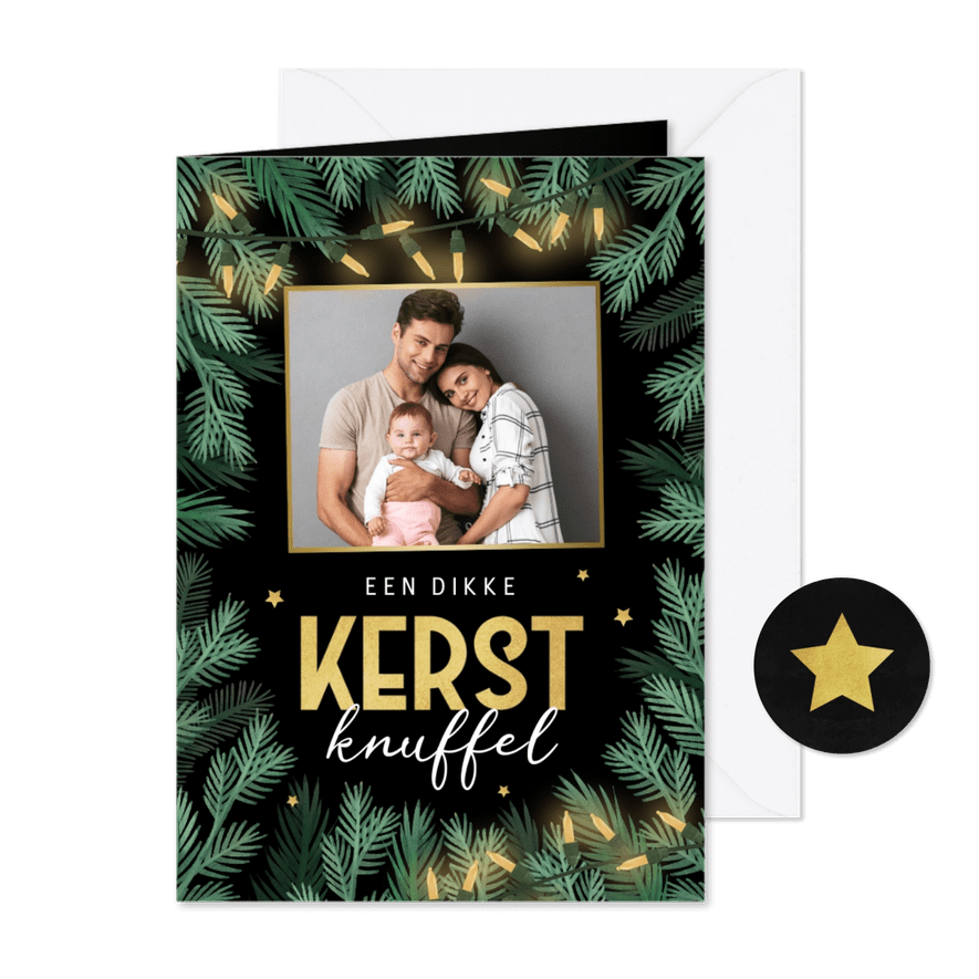 Kerstkaart dennentakjes foto goud kerstknuffel lampjes - Kaartimpressie