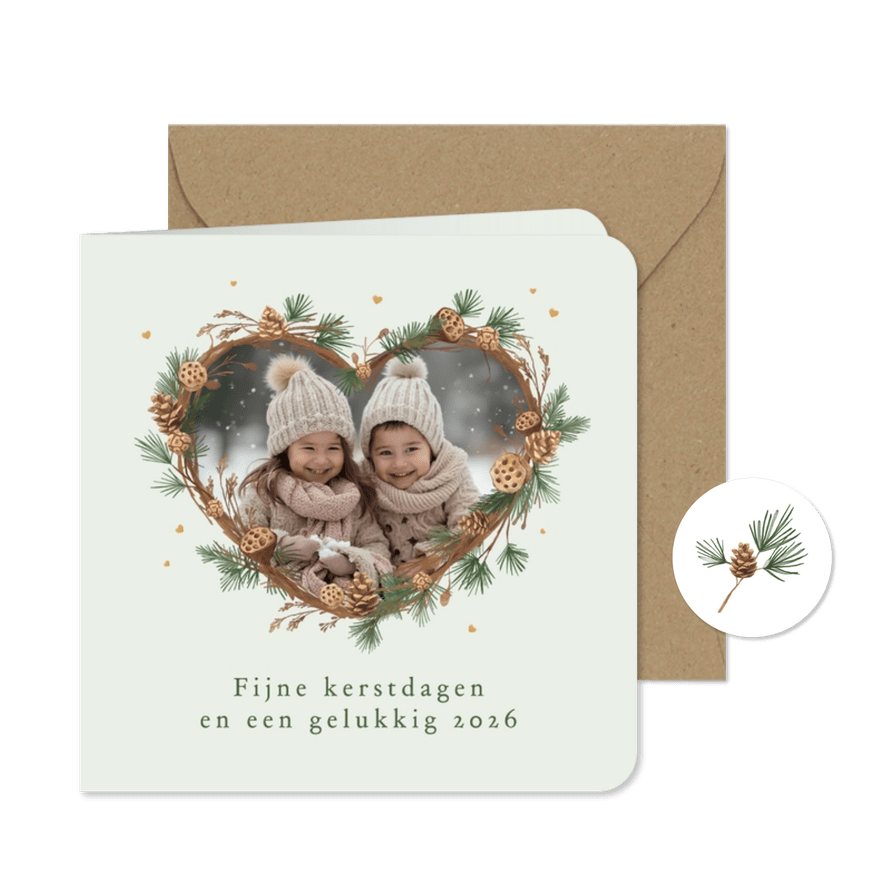 Kerstkaart dennentakjes foto hartvorm hartjes natuurlijk - Kaartimpressie