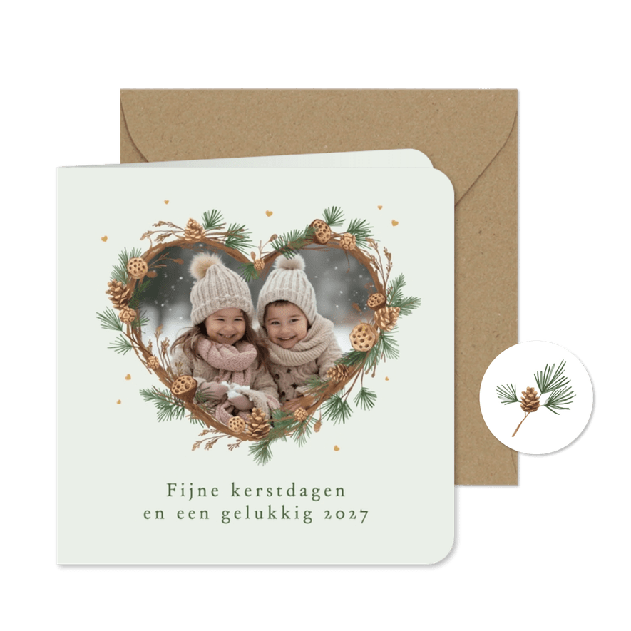 Kerstkaart dennentakjes foto hartvorm hartjes natuurlijk - Kaartimpressie