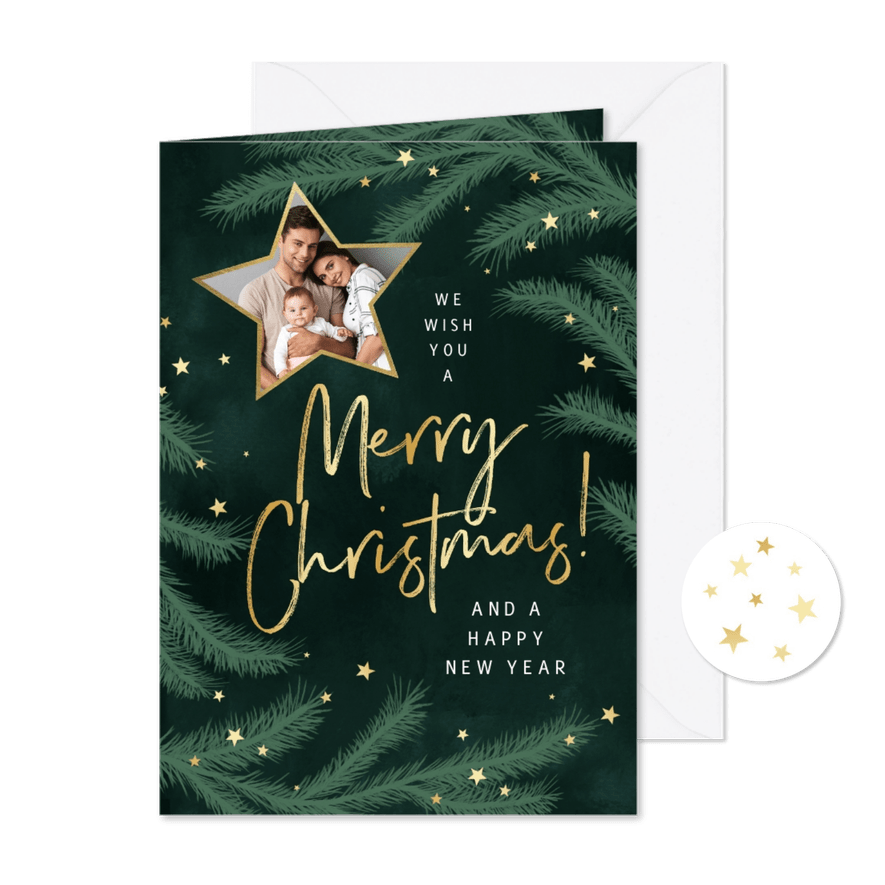 Kerstkaart dennentakjes groen foto sterren goud - Kaartimpressie