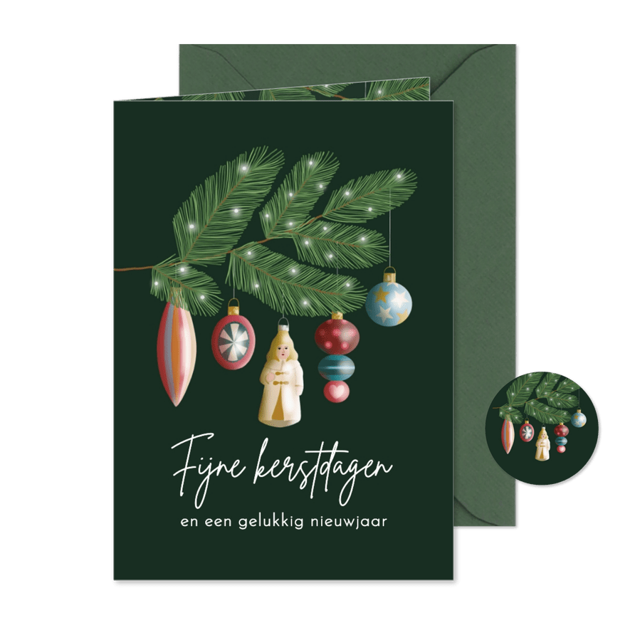 Kerstkaart - Dennentakken met kerstballen - Kaartimpressie