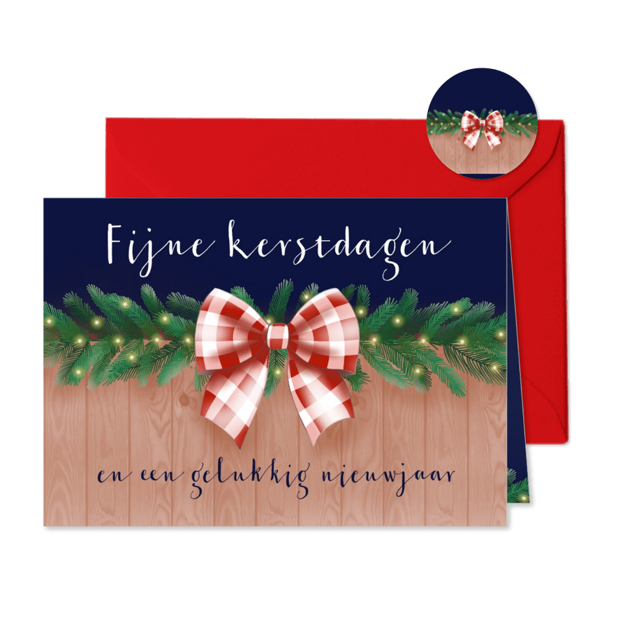 Kerstkaart dennetakken met rood witte strik - Kaartimpressie