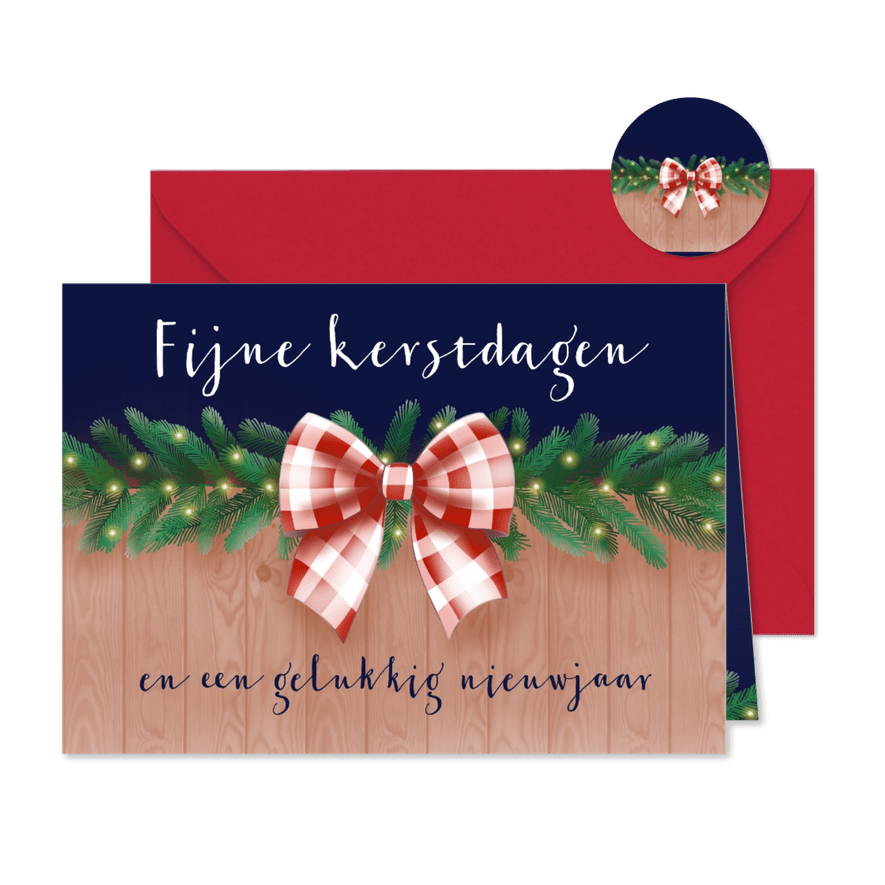 Kerstkaart - Dennetakken met rood witte strik - Kaartimpressie