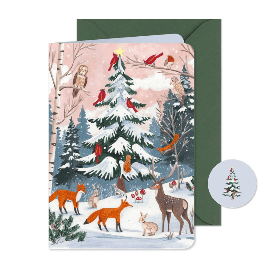 Kerstkaart dieren bij de witte kerstboom - Kaartimpressie