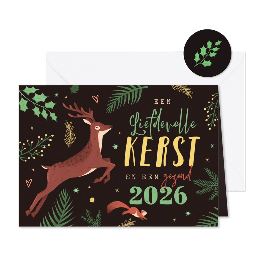 Kerstkaart dieren hert eekhoorn wonderland bos - Kaartimpressie