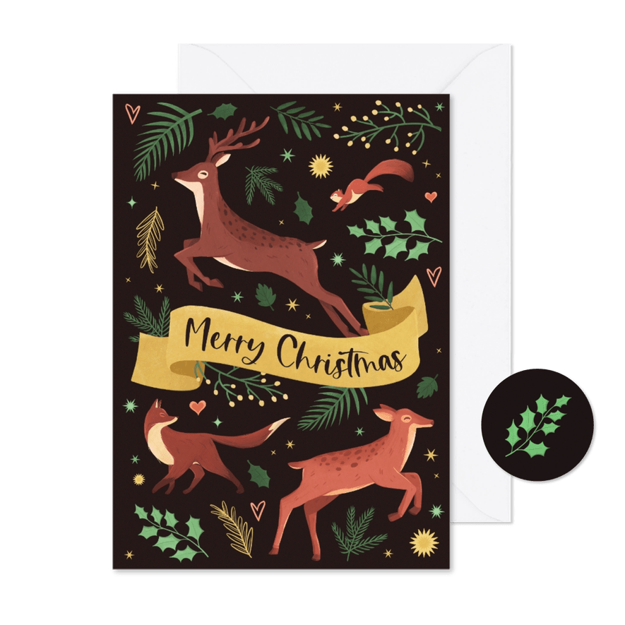 Kerstkaart dieren hert vos eekhoorn wonderland sterren - Kaartimpressie