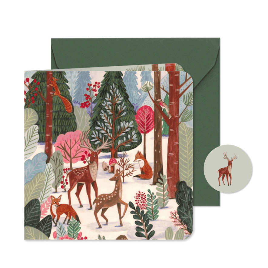 Kerstkaart dieren in het besneeuwde bos - Kaartimpressie