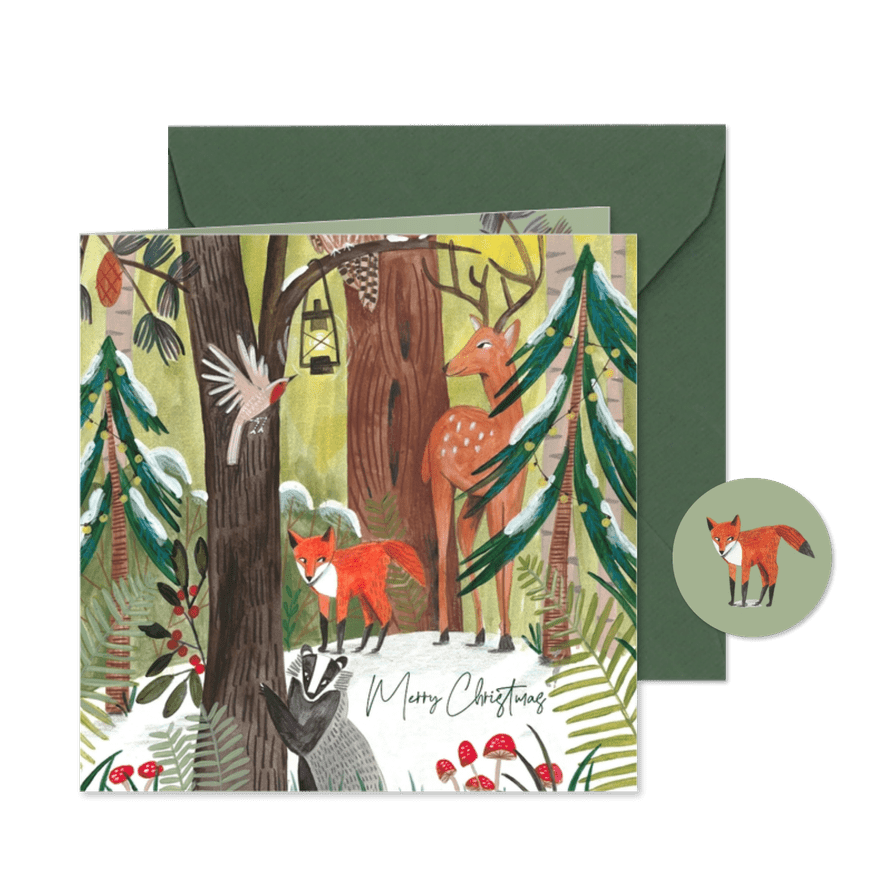 Kerstkaart dieren in het bos met sneeuw - Kaartimpressie