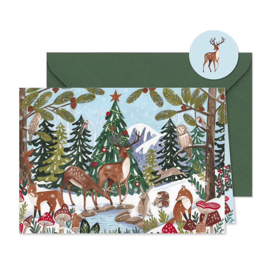 Kerstkaart dieren in het winter bos landschap - Kaartimpressie