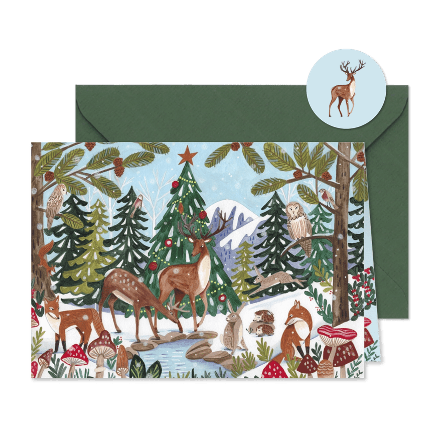 Kerstkaart dieren in het winter bos landschap - Kaartimpressie