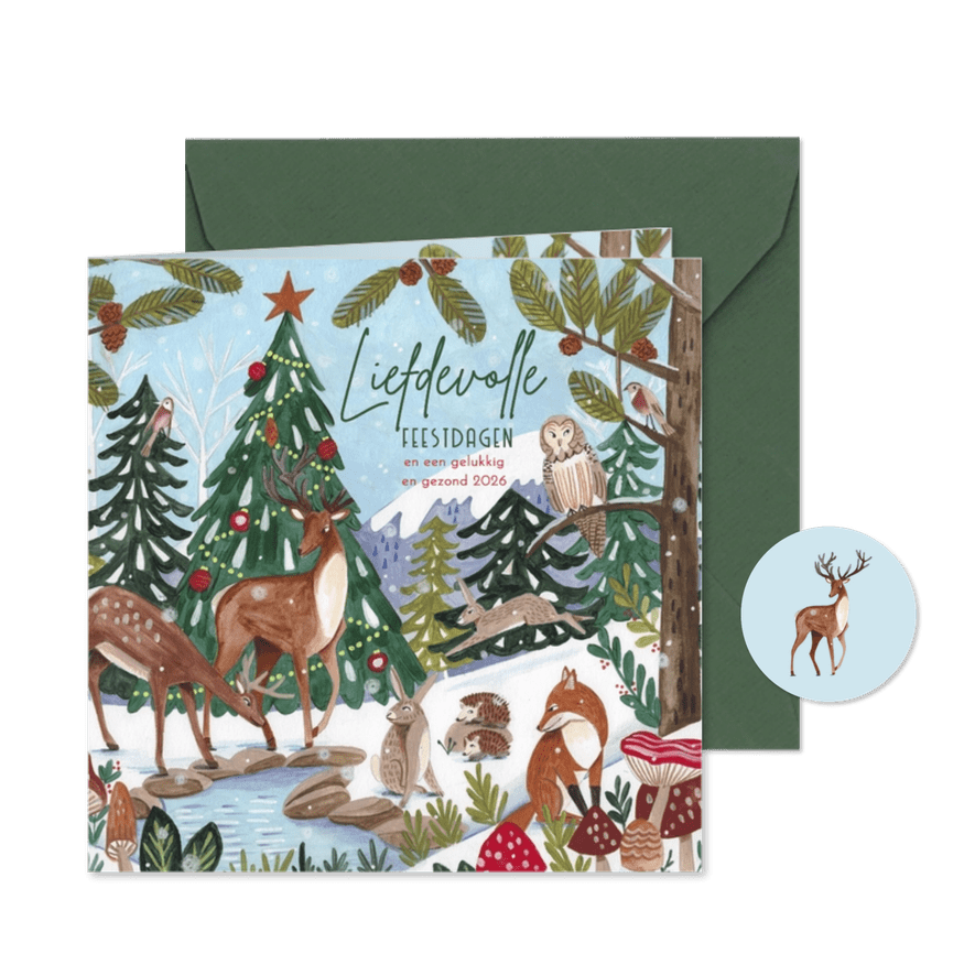 Kerstkaart dieren in het winter bos - Kaartimpressie