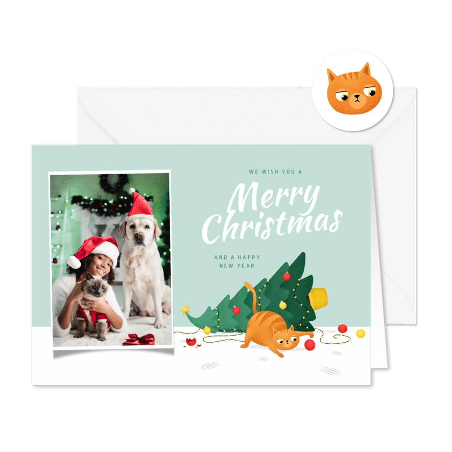 Kerstkaart dieren kat kerstboom grappig kerstboom kerstbal - Kaartimpressie