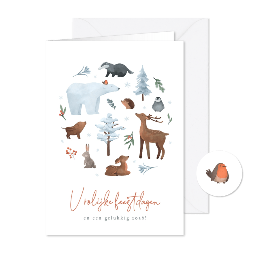Kerstkaart dieren schattig winter vrolijke feestdagen - Kaartimpressie
