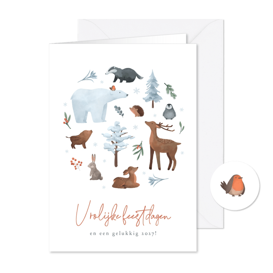 Kerstkaart dieren schattig winter vrolijke feestdagen - Kaartimpressie