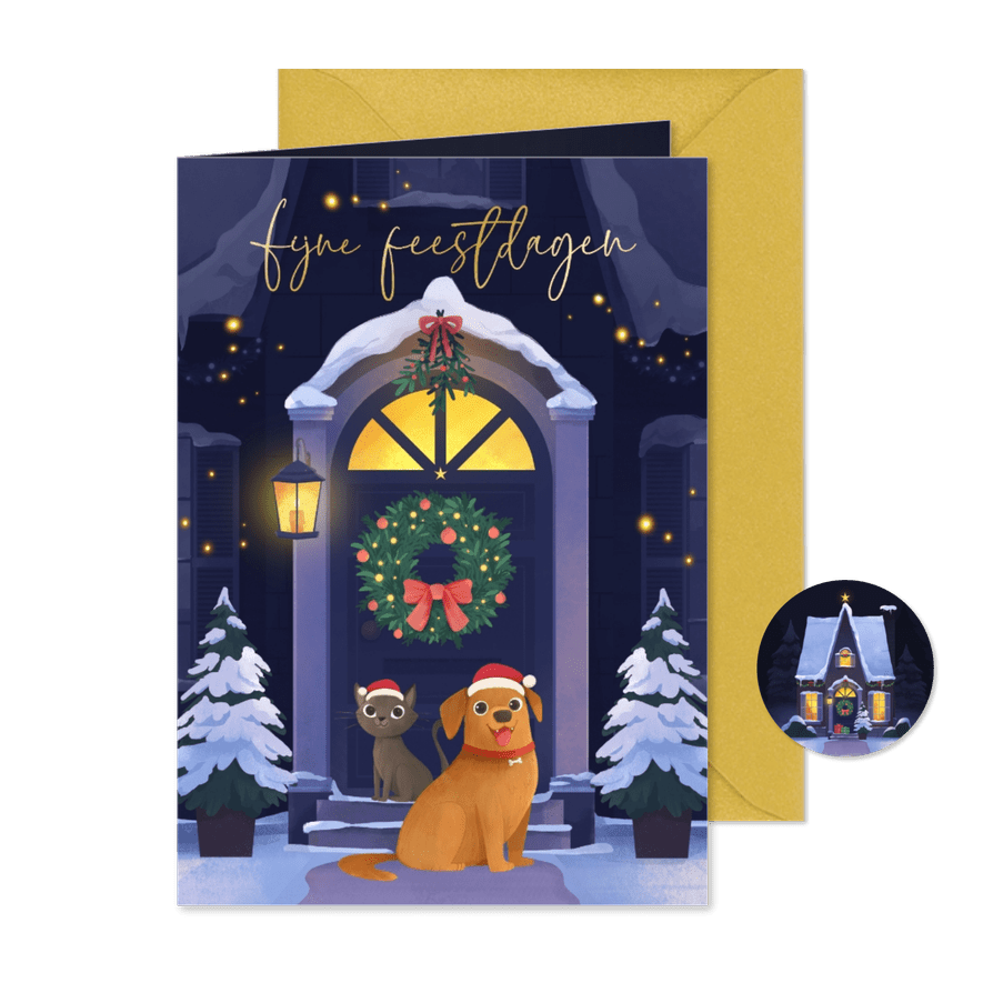 Kerstkaart dieren voordeur kersthuis krans maretak - Kaartimpressie