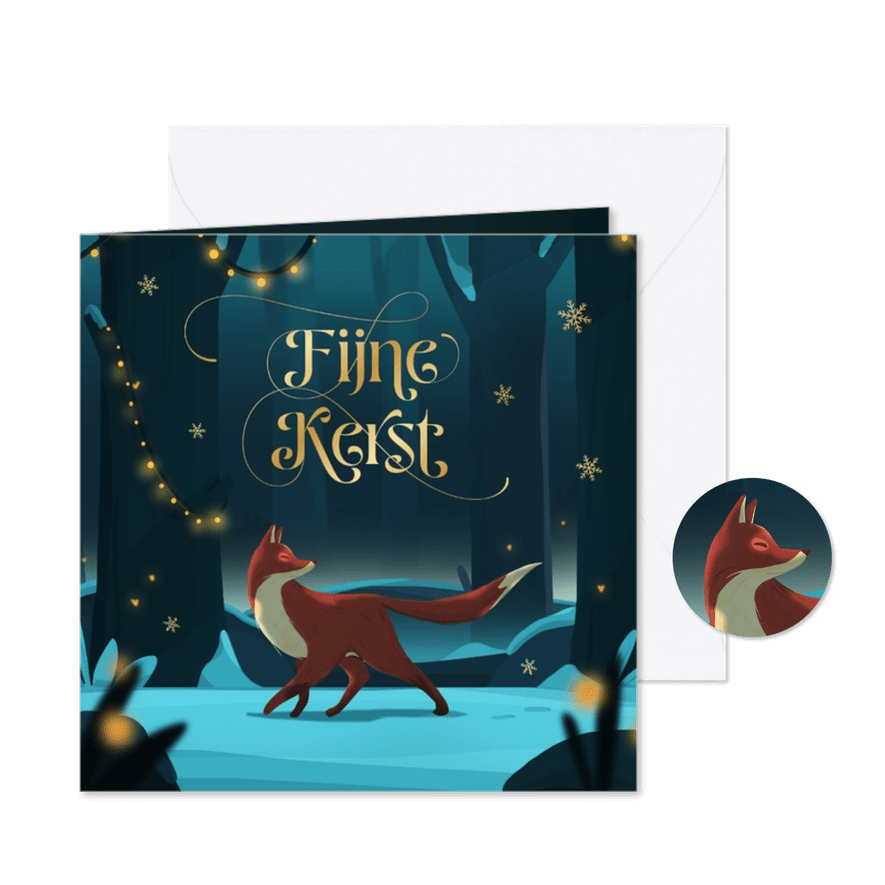 Kerstkaart dieren vos winter landschap sneeuw goud - Kaartimpressie