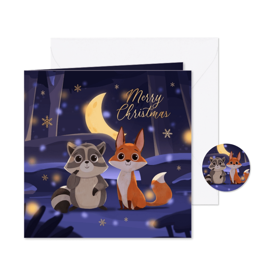 Kerstkaart dierenvriendjes diertjes vos wasbeer lichtpuntjes - Kaartimpressie