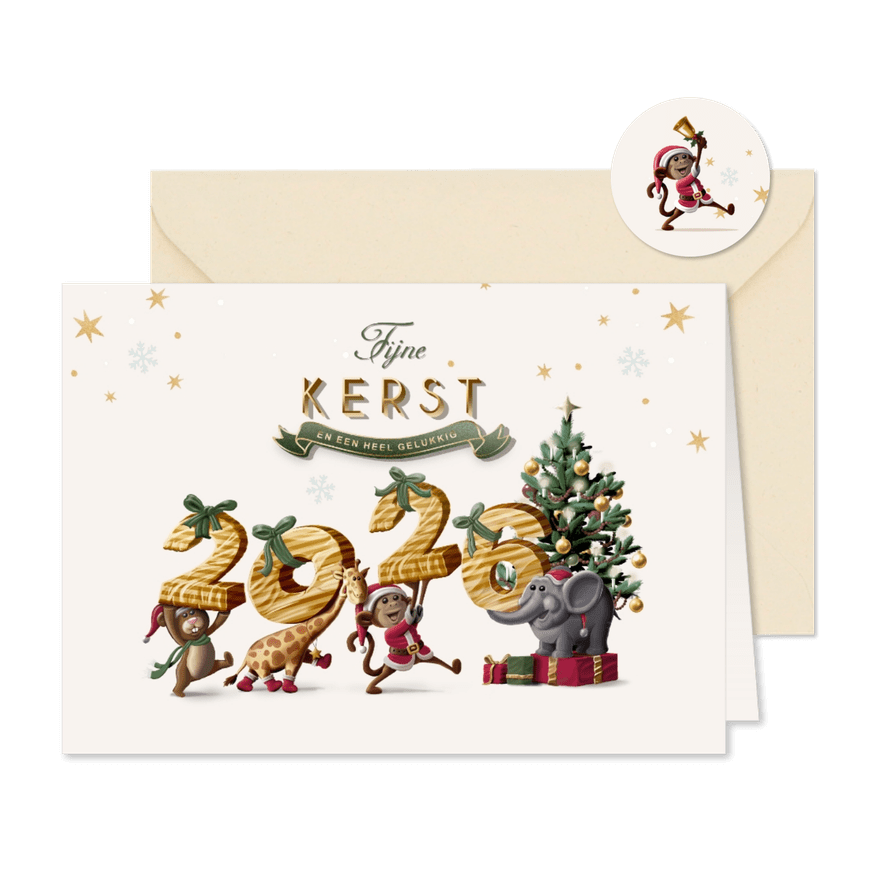 Kerstkaart diertjes jaartal als pakjes op weg naar kerstboom - Kaartimpressie