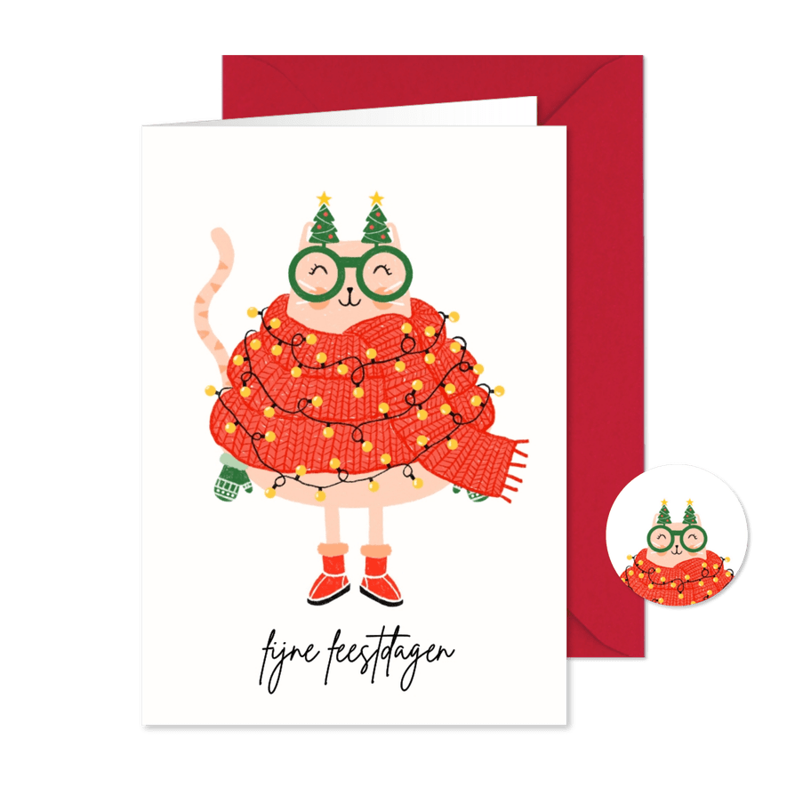 Kerstkaart dikke kat gebreide sjaal kerstbril - Kaartimpressie