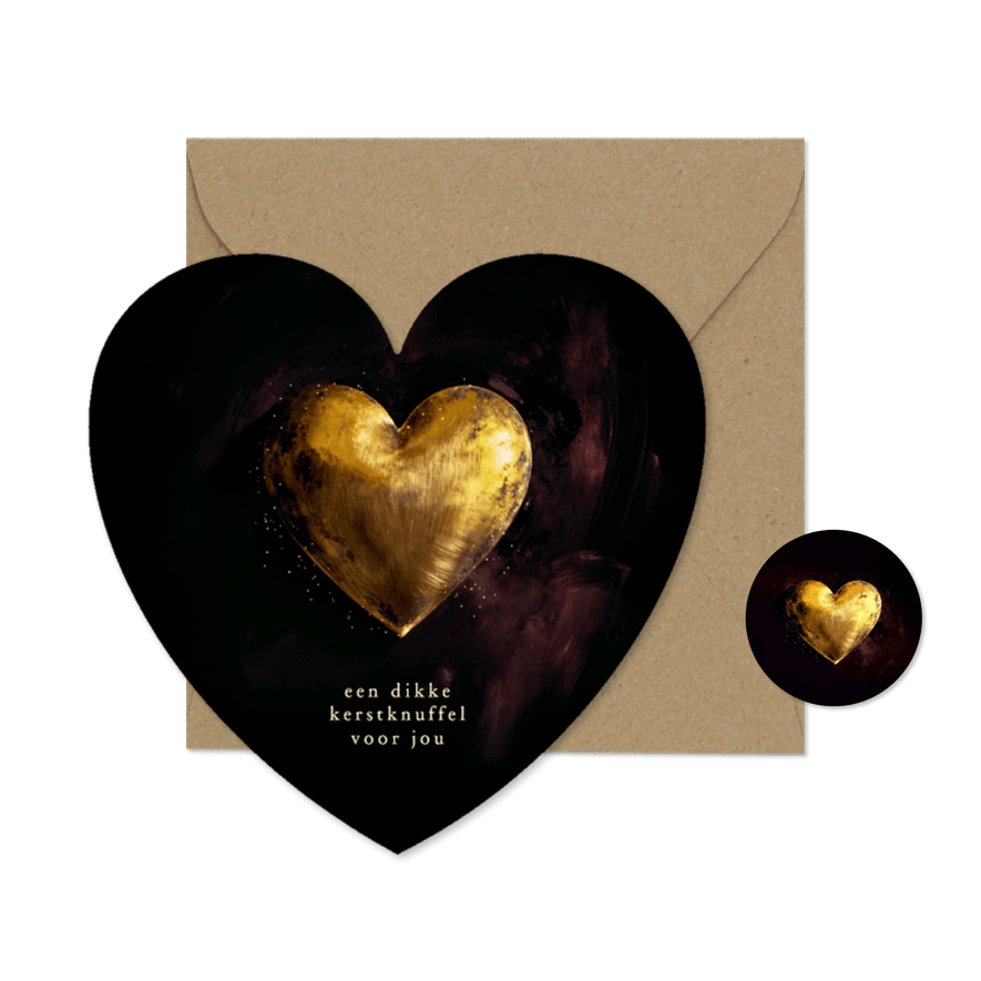 Kerstkaart dikke kerstknuffel in hartvorm donkerrood - Kaartimpressie