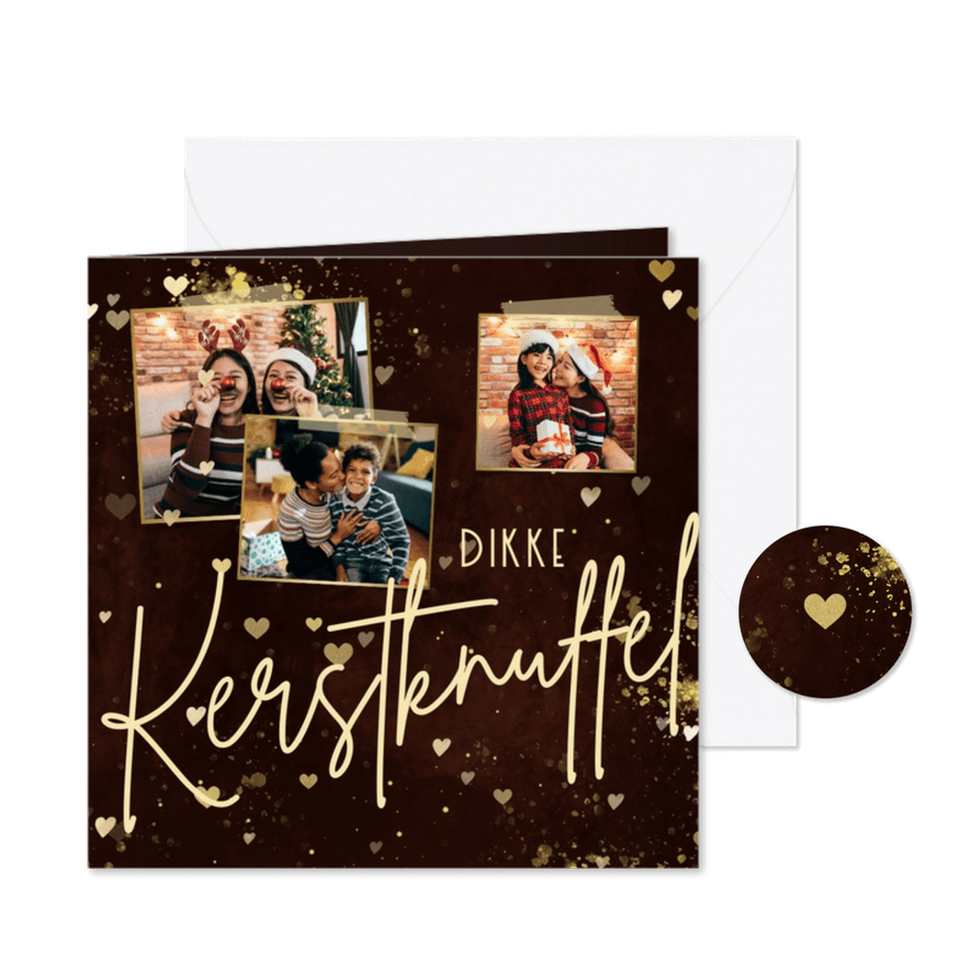 Kerstkaart dikke kerstknuffel met 3 foto's en hartjes roest - Kaartimpressie