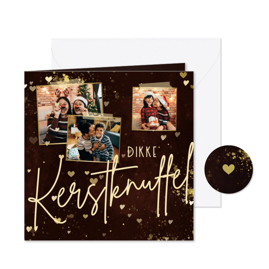 Kerstkaart dikke kerstknuffel met 3 foto's en hartjes roest - Kaartimpressie