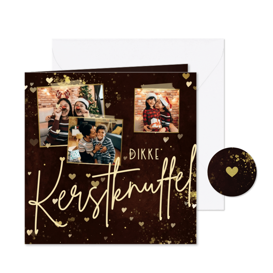 Kerstkaart dikke kerstknuffel met 3 foto's en hartjes roest - Kaartimpressie