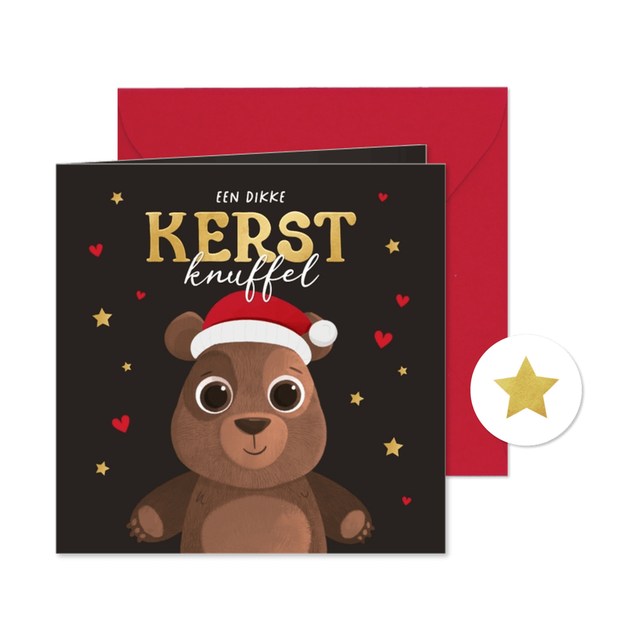 Kerstkaart dikke knuffel beer hartjes sterren kerstkmuts - Kaartimpressie