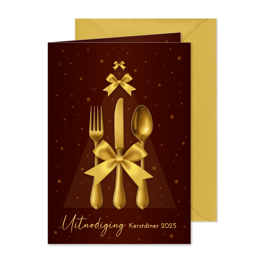Kerstkaart diner strik bestek - Kaartimpressie
