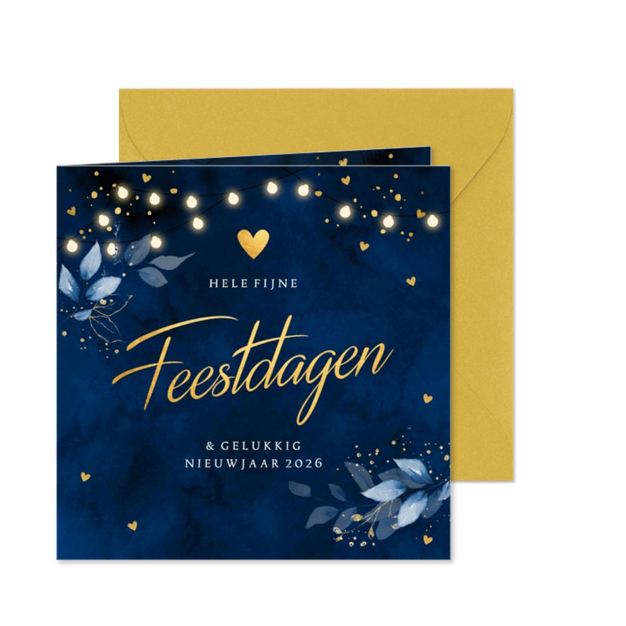 Kerstkaart donkerblauw botanisch bladeren lampjes goudlook - Kaartimpressie