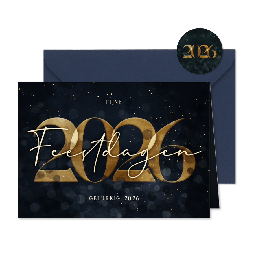 Kerstkaart donkerblauw met gouden 2026 - Kaartimpressie