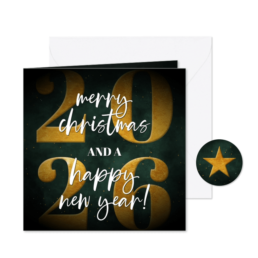 Kerstkaart donkergroen 2026 met spetters - Kaartimpressie