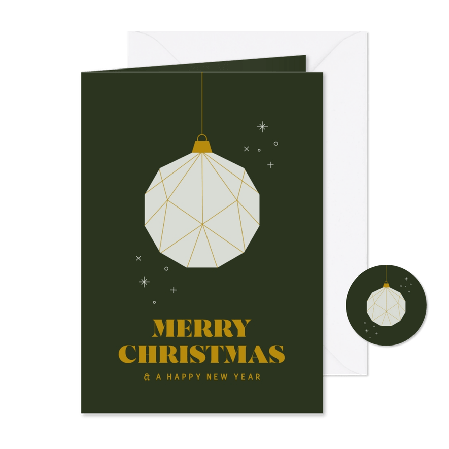 Kerstkaart donkergroen met papieren kerstbal - Kaartimpressie